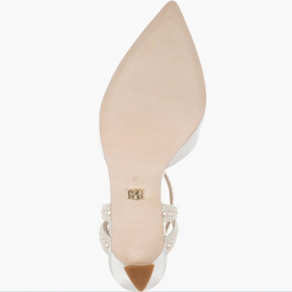 Badgley Mischka Collection Destinee Ankle Strap Pointed Toe Pump in White Satin - Picture 2 of 6